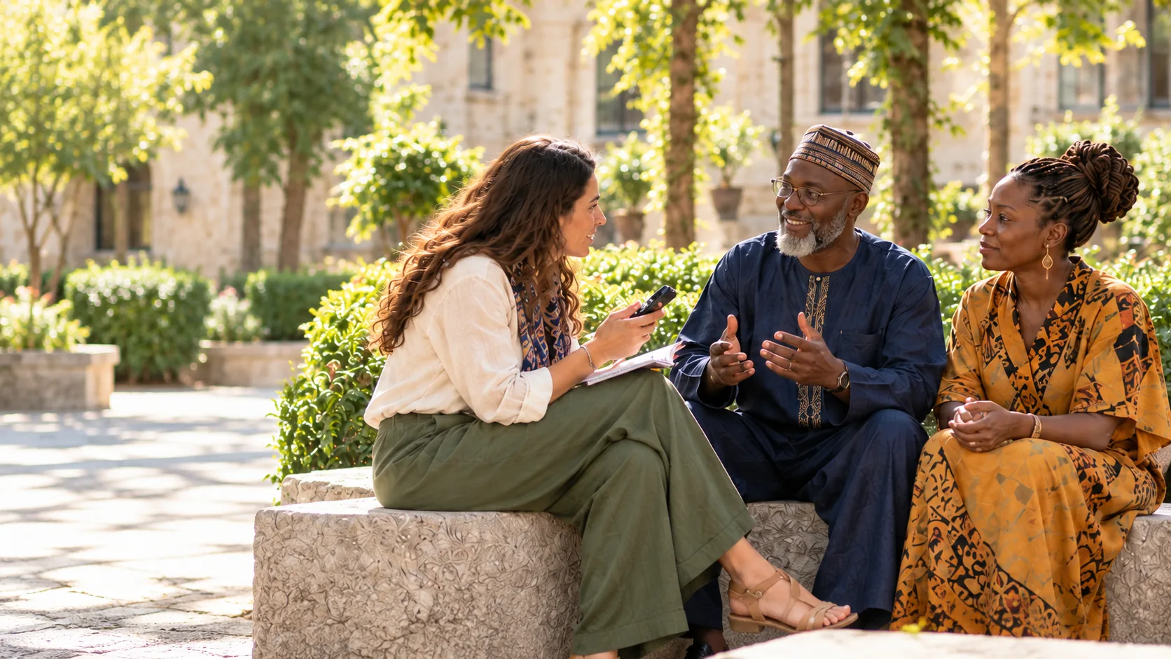 Una entrevistadora conversa con dos representantes comunitarios en un patio.