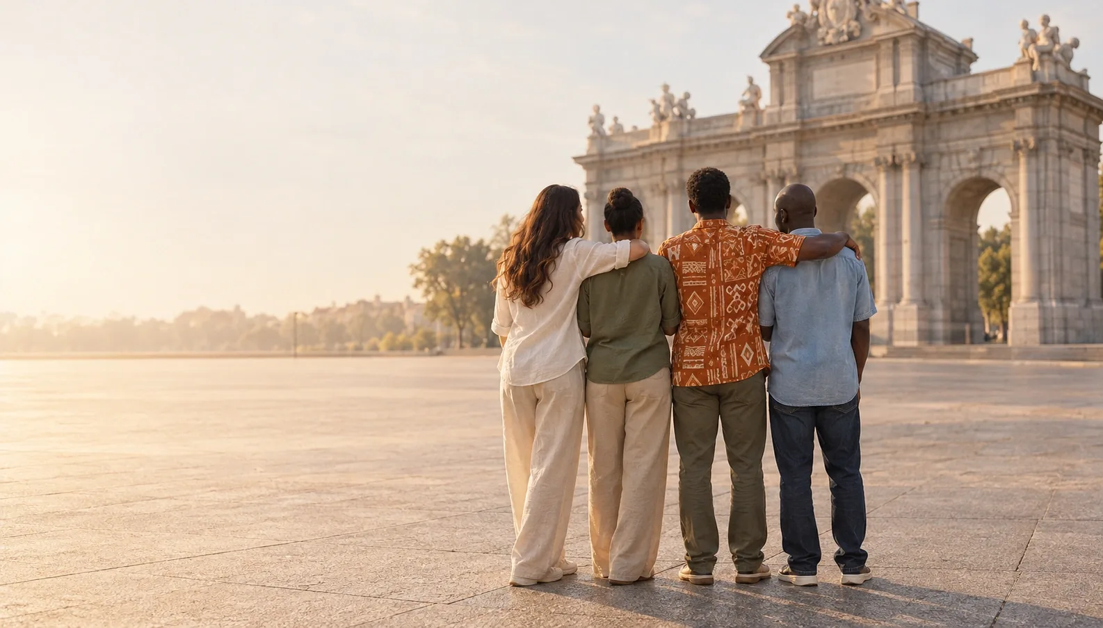Las mismas cuatro personas, abrazadas, frente a la Puerta de Alcalá de Madrid.