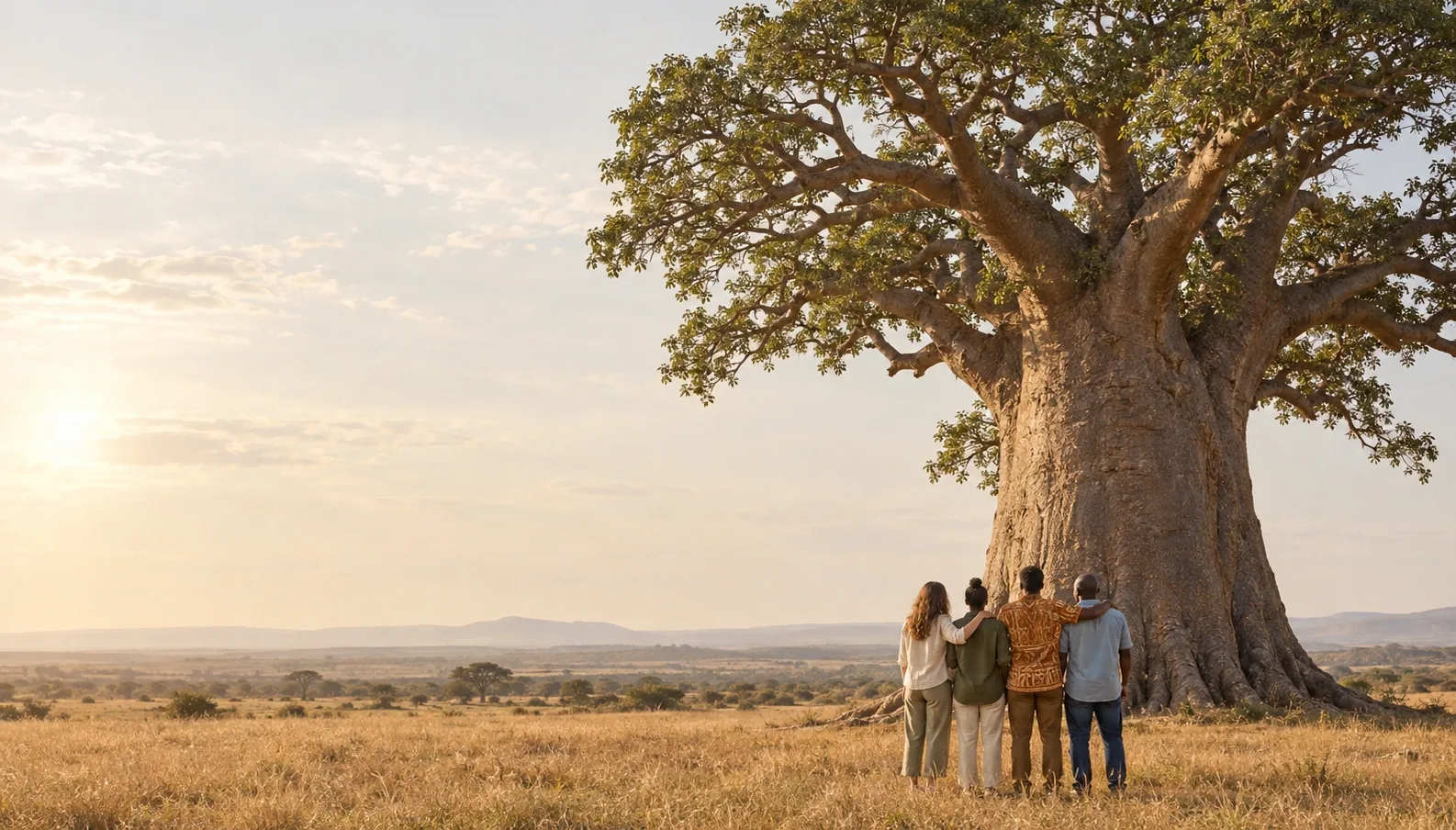 Cuatro personas abrazadas de espaldas contemplan un gran baobab en la sabana al atardecer.