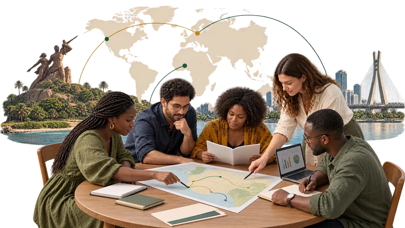 Cinco personas planifican un proyecto alrededor de un mapa, con referencias urbanas de Dakar y Lagos.