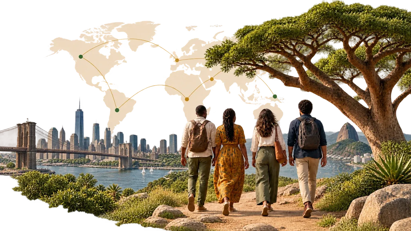 Cuatro personas caminan hacia un horizonte que integra Nueva York y Río de Janeiro.