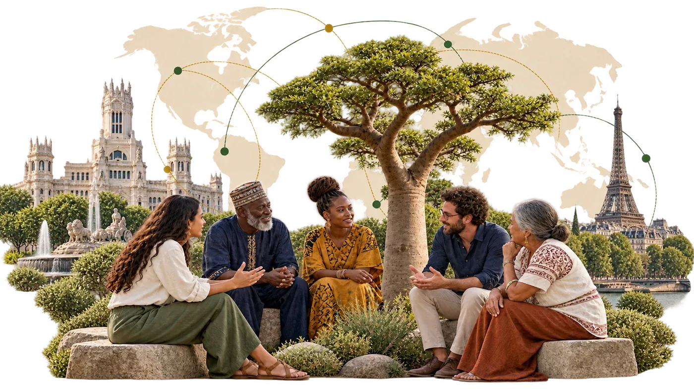 Cinco personas dialogan bajo un baobab entre referencias arquitectónicas de Madrid y París.